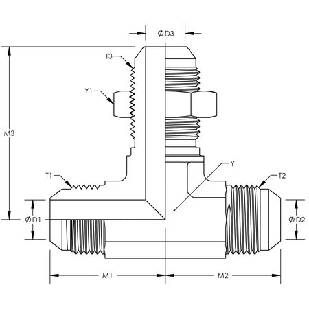 World Wide Fittings Male JIC to Male JIC to Male JIC Bulkhead Tube Tee - With Locknut F5725X16X16X16LN